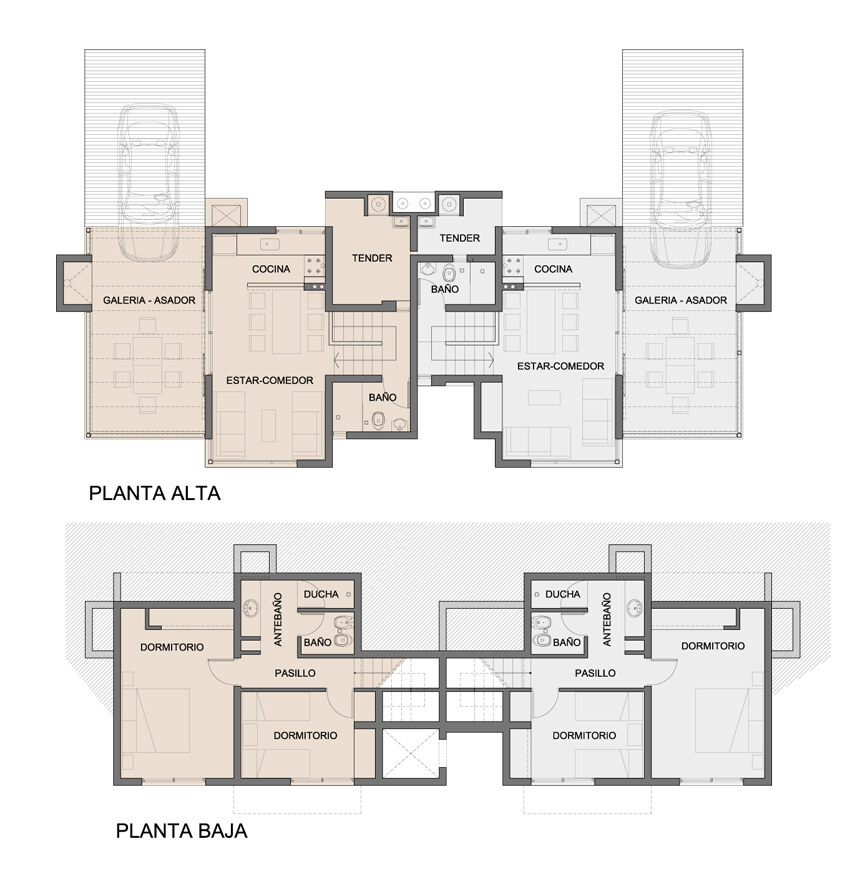 Plano de la Casa de Lago en dos plantas: planta alta con estar-comedor, cocina, baño, tender, galería-asador y cochera; planta baja con dos dormitorios, baño con antebaño y ducha, y pasillo