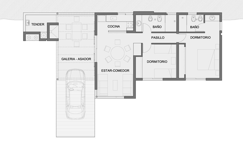 Plano de la Casa de Lago en una planta: estar-comedor, cocina, dos dormitorios, dos baños, pasillo, galería-asador, tender y cochera