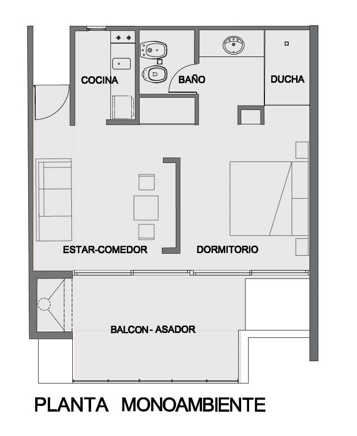 Plano del monoambiente: estar-comedor, kitchenette, dormitorio, baño con ducha y balcón-asador